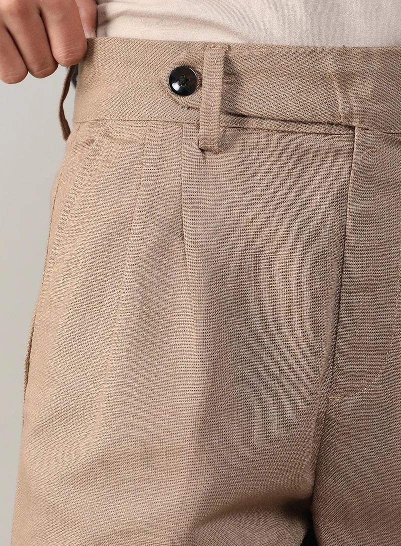 CAHOOT  Men's Camel Brown Tailored Linen-Blend Trousers For Casual Wear | 4 Pockets | Mid- Rise | Button Closure | Trousers Crafted With Comfort Fit For Everyday Wear for Men | Best Price UAE